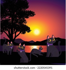 you can use many cats playing on sunset vector illustration to design banners, posters, backgrounds, print POD...etc.