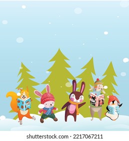 you can use moose bear penguin rabbit squirrel reading books forest to design banners, posters, backgrounds, print POD...etc.