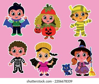 you can use set of boys and girls dressed halloween costumes to design banners, posters, backgrounds, print POD...etc.