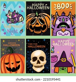 puedes usar un juego de seis afiches de halloween o tarjeta de saludo con adorables símbolos de vacaciones para diseñar pancartas, afiches, fondos, imprimir POD...etc.