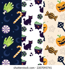 you can use Set of three patterns with cat and other halloween elements to design banners, posters, backgrounds, print POD...etc.