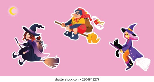 you can use set of witch stickers flying on broom to design banners, posters, backgrounds, print POD...etc.