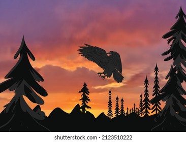 You can use Silhouette of a Bald eagle flying through the tree tops to design banner, background, poster,...etc.