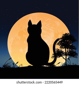 you can use Silhouette cat sitting in full moon night to design banners, posters, backgrounds, print POD...etc.