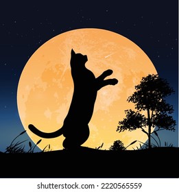 You Can Use Silhouette Of Cat Standing In Grass Field With Full Moon To Design Banners, Posters, Backgrounds, Print POD...etc.