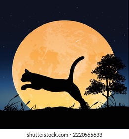 you can use Silhouette of cat jumping over grass field with full moon background, to design banners, posters, backgrounds, print POD...etc.