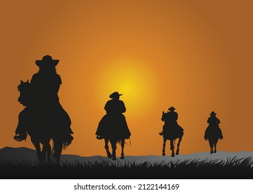 You can use Silhouette of cowboys riding horses at sunset to design banner, background, poster,...etc.