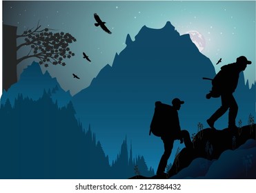 you can use Silhouette of two people climbing mountain to design banner, poster, the background,..etc.