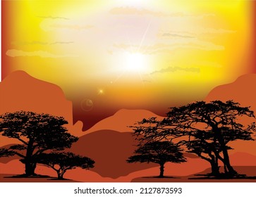 you can use Sunrise in the desert showing agave stalks silhouette and rocks and deep red colors of the sun to design banner, poster, the background,..etc.