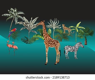 you can use Tropical background with palm trees leaves leopard zebra giraffe parrot flamingo to design banners, posters, backgrounds, ...etc.