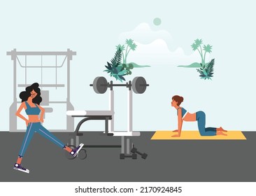 you can use two ladies working out in a gym to design banners, posters, backgrounds, ...etc.