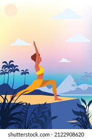 You can use woman practicing yoga in raised arm pose to design banner, background, poster,...etc.