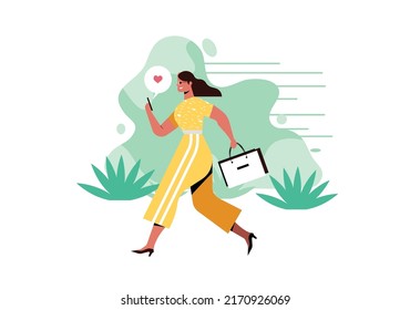 you can use Woman Walking While Looking At Smartphone Screen to design banners, posters, backgrounds, ...etc.