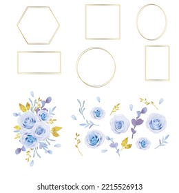 se puede usar Wreath de ramas, rosas azules y marcos dorados para diseñar banners, carteles, fondos, imprimir POD...etc.