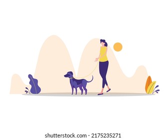 you can use Young woman walk the dog flat design to design banners, posters, backgrounds, ...etc.