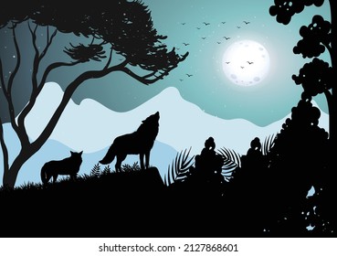 you can Wolf howling silhouette with large full moon to design banner, poster, the background,..etc.