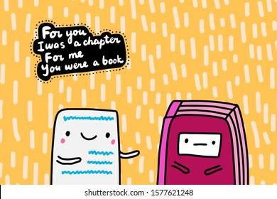 For you I was chapter me book hand drawn vector illustration in cartoon comic style two creatures talking together textured background lettering