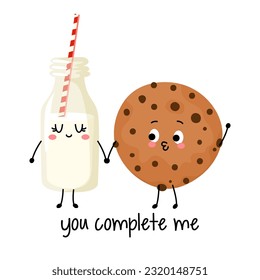 You complete me - Cute hand drawn milk and cookie couple illustration kawaii style. Valentine's Day poster. Good for posters, greeting cards, banners, textiles, gifts, shirts, mugs. 