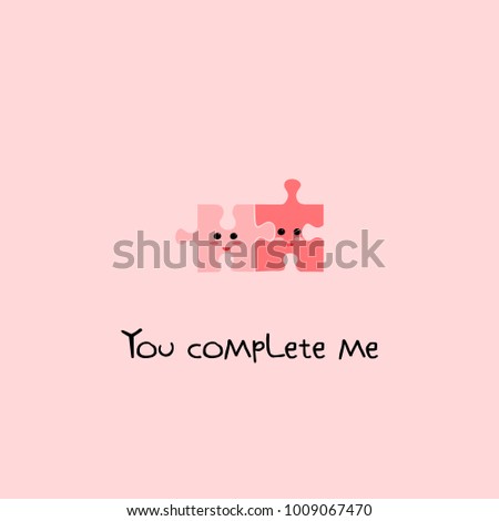 You complete me. Cute Puzzle pieces smiley emoji on a light pink background. Hand drawn vector illustration. T-skirt, poster, banner, motivation. Cartoon vector illustraion