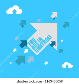 you are in control multiple arrows following a leader concept, isolated over a blue background
