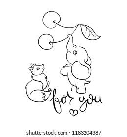 For you. Cute friendly animals. Fox and elephant with cherry. Vector illustration for kids, print, design, cards.