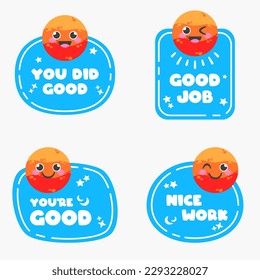 You did good, good job, you are good, nice work sticker set. Cute planet with motivation text vector illustration.