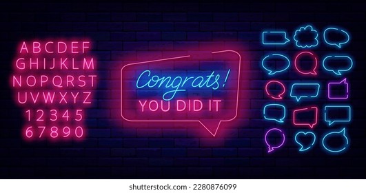 You did it. Congrats neon lettering sign. speech bubbles frames set. Winnig and casino. Congratulations design. Glowing pink alphabet. Birthday and anniversary. Surprise emblem. Vector illustration