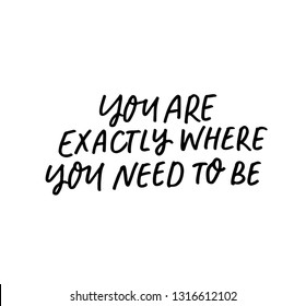 You are exactly where you need to be phrase. Hand drawn brush style modern calligraphy. Vector illustration of handwritten lettering.