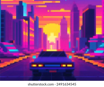 Te encuentras en Neonopolis, una vibrante metrópoli de 16 bits que zumba con energía arcade. Los edificios pixelados se elevan majestuosamente, y su coche de confianza zumba debajo de usted mientras arde a través de la luz de neón n