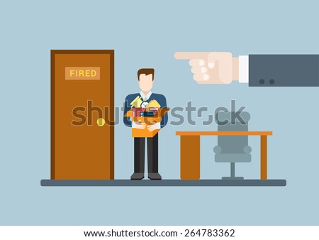 You are fired flat modern trendy stylish concept vector illustration. Big boss hand finger pointing ex-worker to door with fired word plate. HR conceptual collection. 