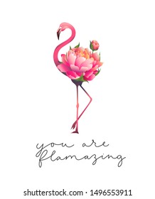 You are flamazing inspirational cute card vector illustration. Motivational quote with lettering means compliment pink floral flamingo 