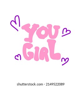 You Girl Typography Streetwear, Urban Design Patch Pink and Purple Color Patch Commercial Use