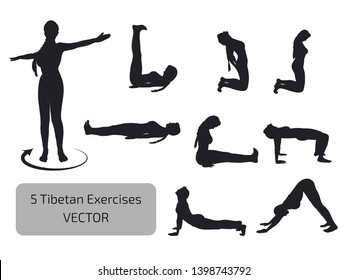 You are given a complex of five exercises of Tibetan gymnastics. Depicted female silhouettes in black. It can be used as instructions for use, for yoga studios, as posters, booklets or for websites