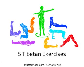 You are given a complex of five exercises of Tibetan gymnastics. Depicted female silhouettes in black. It can be used as instructions for use, for yoga studios, as posters, booklets or for websites