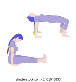You are given an example of a set of exercises in Tibetan gymnastics. A woman, leaning on her arms and legs, raises her torso up. Can be used as a guide for yoga studios.