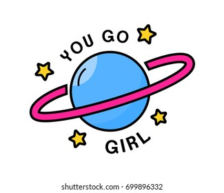 You go girl. Feminism sticker design with planet. 