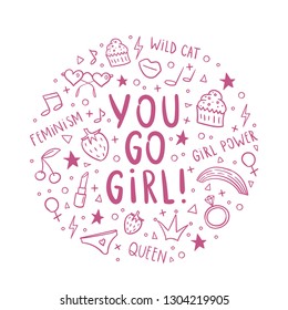 You go girl unique quote. Doodle set.Women element.Vector illustration.