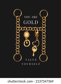 you are gold slogan with gold chain and pendants vector illustration on black background