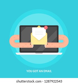 You got an email - Email notification - Hands holding email - Conceptual flat design vector illustration