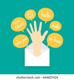 You got mail concept idea hand pop up from mail illustration and hello text english japanese vietnam german chinese language in text box isolated on green color background, with copy space