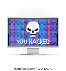 You hacked text on white wide monitor with blue glitch background. Angry white hacker skull with hack message on device. Computer crime attack illustration