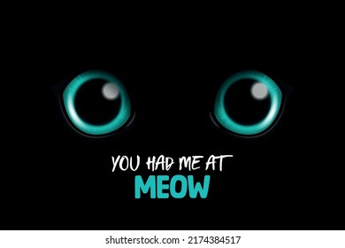 You Had Me At Meow. Vector 3d Realistic Blue Round Glowing Cats Eyes of a Black Cat. Cat Look in the Dark Black Background Closeup. Glowing Cat or Panther Eyes