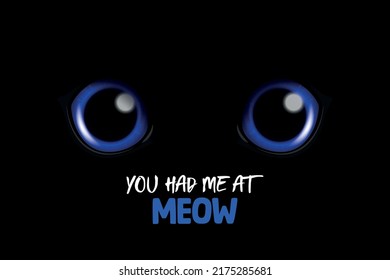 You Had Me At Meow. Vector 3d Realistic Blue Round Glowing Cats Eyes Of A Black Cat. Cat Look In The Dark Black Background Closeup. Glowing Cat Or Panther Eyes