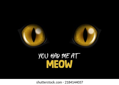 You Had Me At Meow. Vector 3d Realistic Yellow Round Glowing Cats Eyes of a Black Cat. Cat Look in the Dark Black Background Closeup. Glowing Cat or Panther Eyes