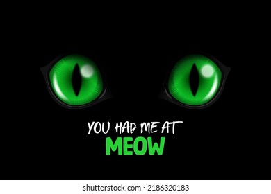 You Had Me At Meow. Vector 3d Realistic Green Round Glowing Cats Eyes of a Black Cat. Cat Look in the Dark Black Background Closeup. Glowing Cat or Panther Eyes