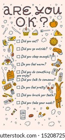 Are You OK? Hand-drawn illustration with lettering and everyday objects doodles. Self-care, mental health concept. Food, water, sleep, grooming, social, entertainment needs checklist. Vertical layout