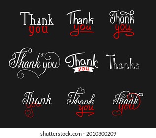 Тhank you, Тhanks - handwritten vector illustration,creative script lettering. Set of isolated white,red text on a black background. Inspiration by hand for postcards,poster,mailing, print.Modern font
