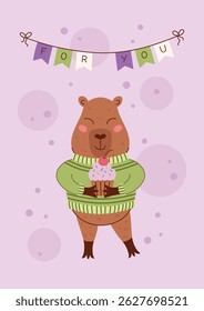 Para você. Feliz aniversário cartão infantil com capivara bonito com cupcake. Cartaz desenhado à mão engraçado vetor, cartão postal, etiqueta com caráter animal para a festa, scrapbooking.
