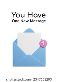 Sie haben 1 neue Nachricht 3D Mail-Briefumschlag Banner. Öffnen Sie 3D-E-Mail-Umschlag mit leeren Mailseiten und einem neuen Meldungszeichen. 3D-Symbol für eine blaue Mailbox, Vektorgrafik einzeln.