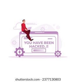 You have been hacked. A hacker sits and holds a laptop. Could Computing concept. Trend Modern vector flat illustration